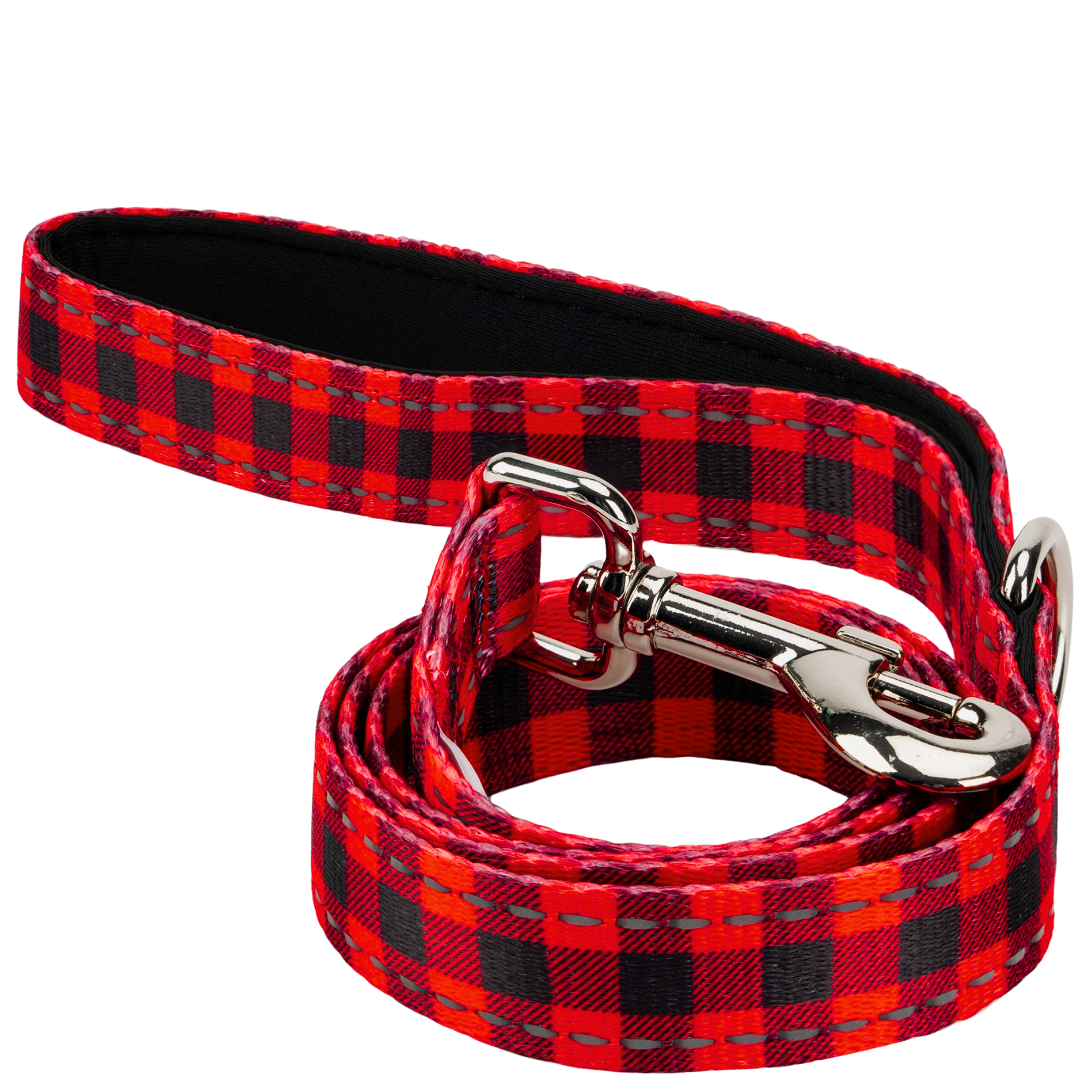Red plaid dog leash by EcoBark with padded comfort grip and metal clip, available in 4ft, 5ft, and 6ft lengths for small and 