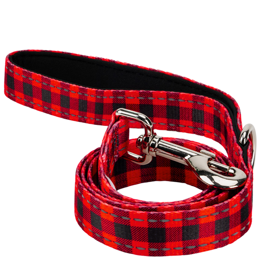 Red plaid dog leash by EcoBark with padded comfort grip and metal clip, available in 4ft, 5ft, and 6ft lengths for small and 