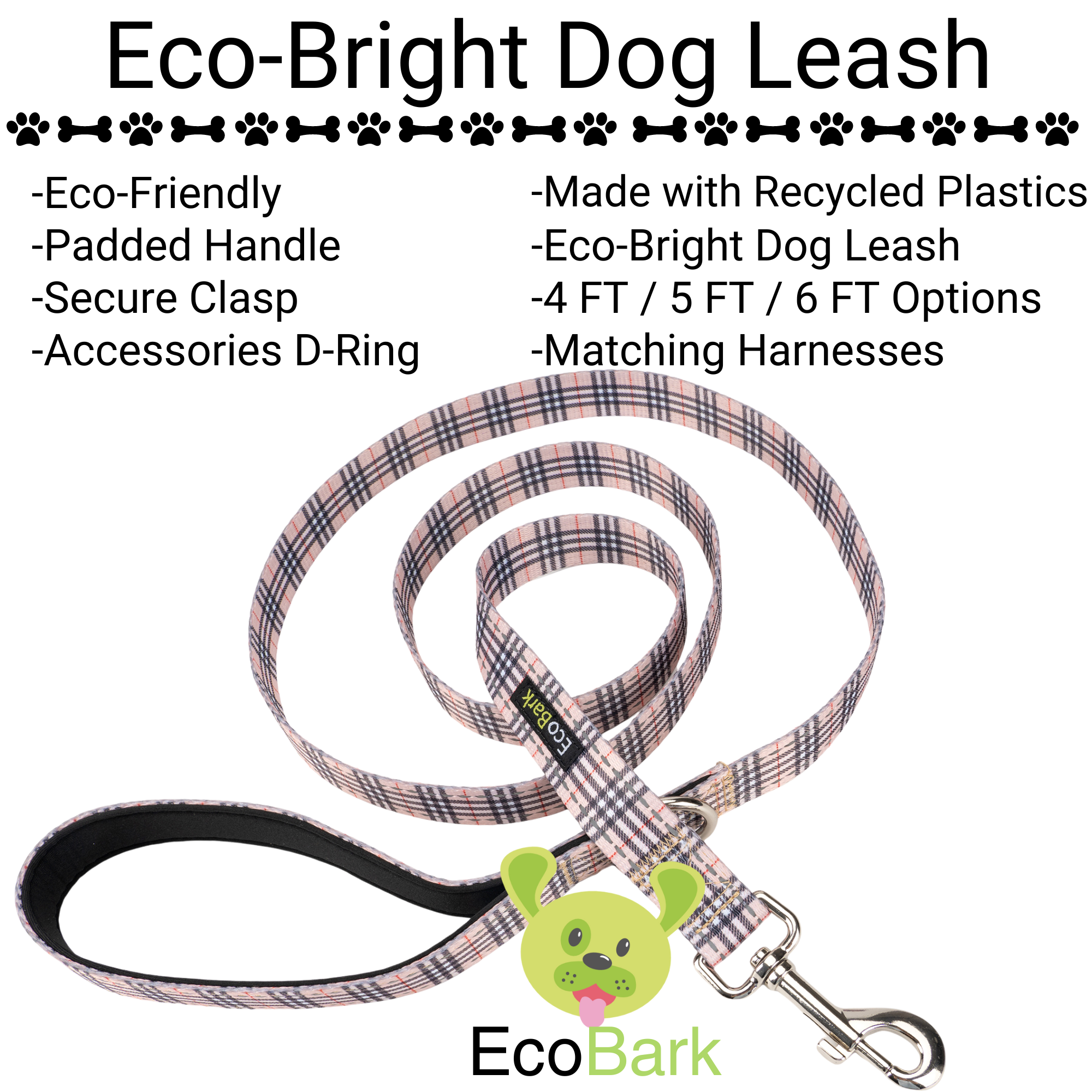 EcoBark Tan Plaid Dog Leash featuring a padded handle, secure clasp, and options for 4ft, 5ft, and 6ft lengths.