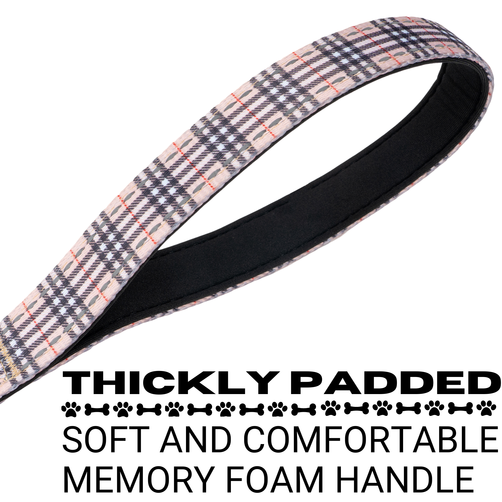 EcoBark Tan Plaid Dog Leash with thickly padded memory foam handle for comfort, available in 4ft, 5ft, and 6ft lengths.