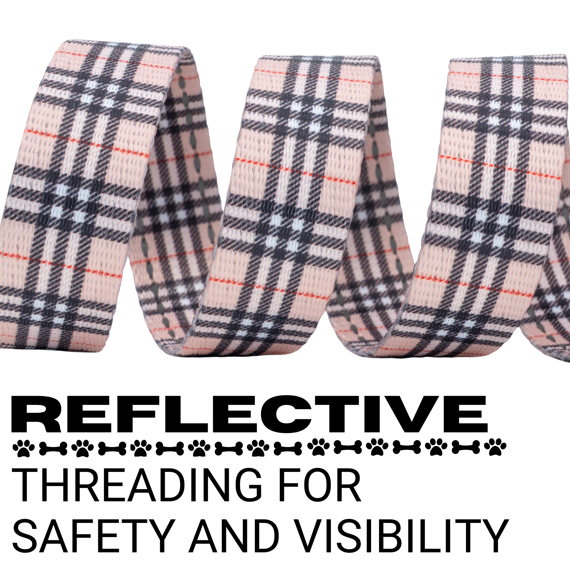 Tan plaid dog leash with padded comfort grip, featuring reflective threading for safety and visibility. Available in multiple