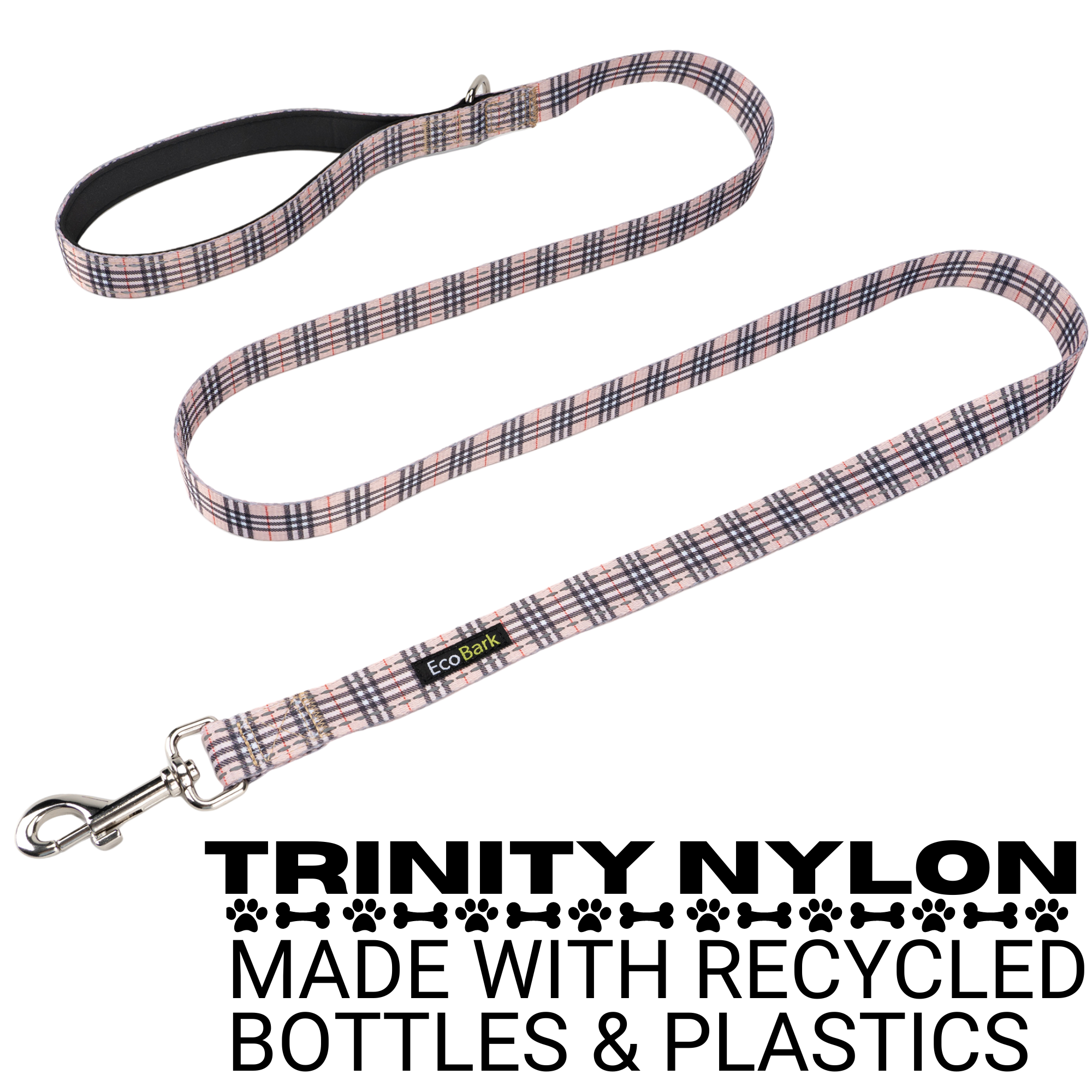 EcoBark Tan Plaid Dog Leash by Southlake Paws, featuring padded comfort grip and made from recycled materials. Available in 4