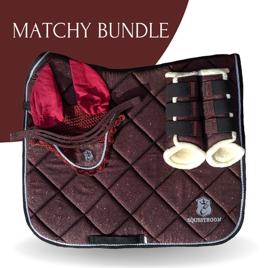 Burgundy Saddle Pad Set by Southlake Paws featuring a quilted saddle pad, ear bonnet, and matching saddle straps.