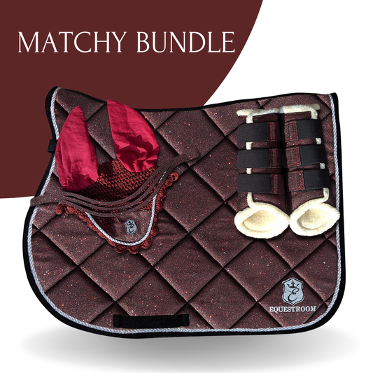 Burgundy Saddle Pad Set by Southlake Paws featuring a quilted saddle pad, matching ear net, and girth covers.