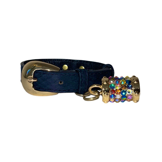 XS/S 7-14  Matte Midnight Blue Custom Snake Collar/Custom Gold Oval Italian Hardware & Swarovski Crystal Charm