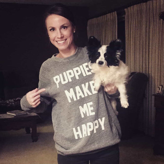 Puppies Make Me Happy | Tri-Blend Gray Crewneck Sweatshirt | MISPRINT