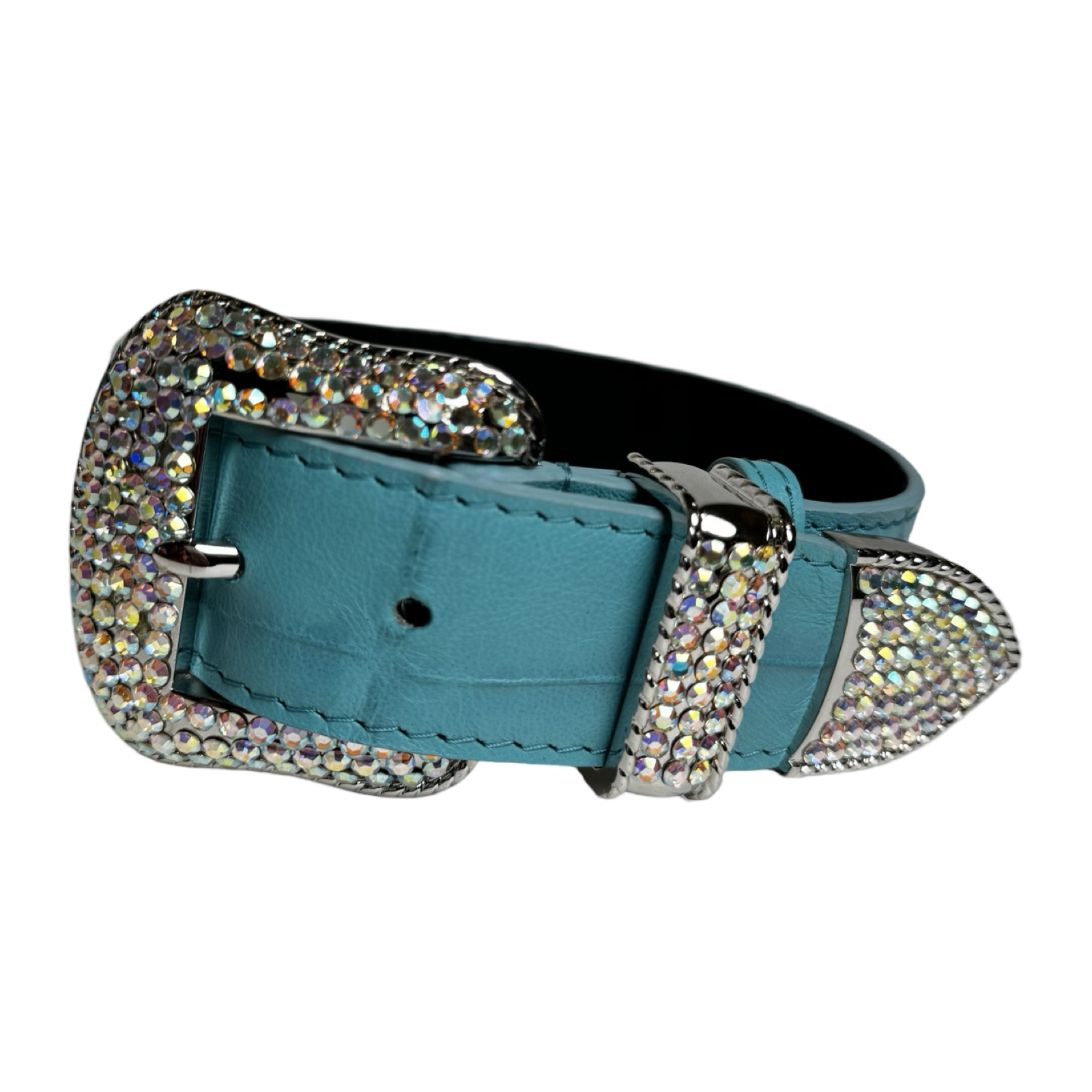 The Tiffany Collection. Gorgeous Turquoise Blue Embossed Croc Italian Leather/Custom Silver Swarovski Crystal Hardware Collar.