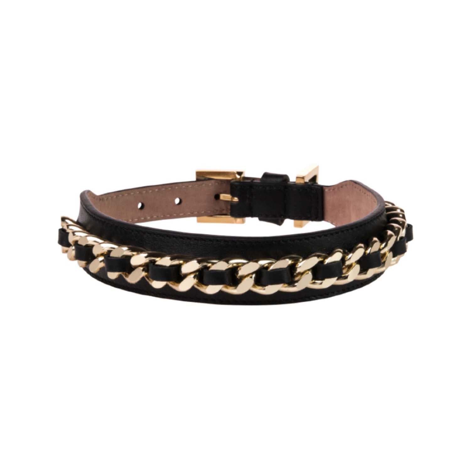 Leather Dog Collar in Black - Chain, Made in Italy
