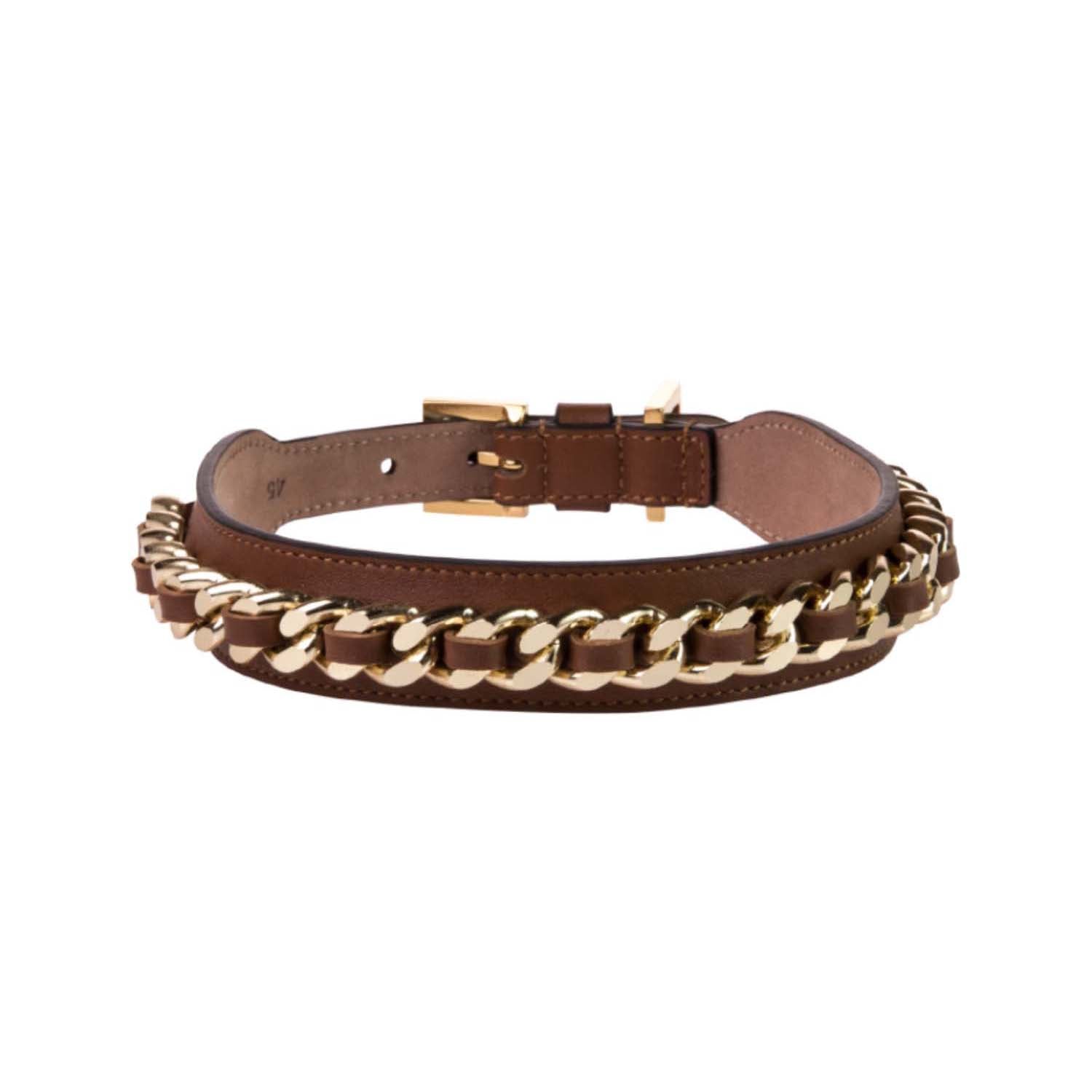 Leather Dog Collar in Brown - Chain, Made in Italy