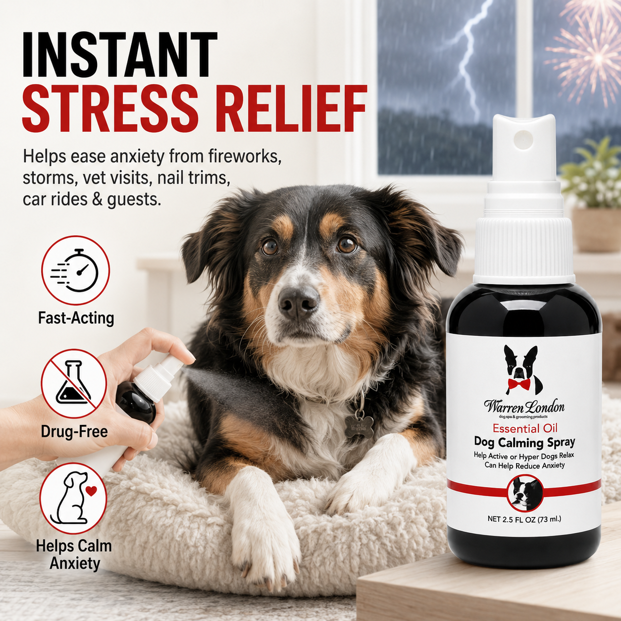 Southlake Paws Essential Oil Dog Calming Spray in a spray bottle, with a dog looking relaxed in the background.