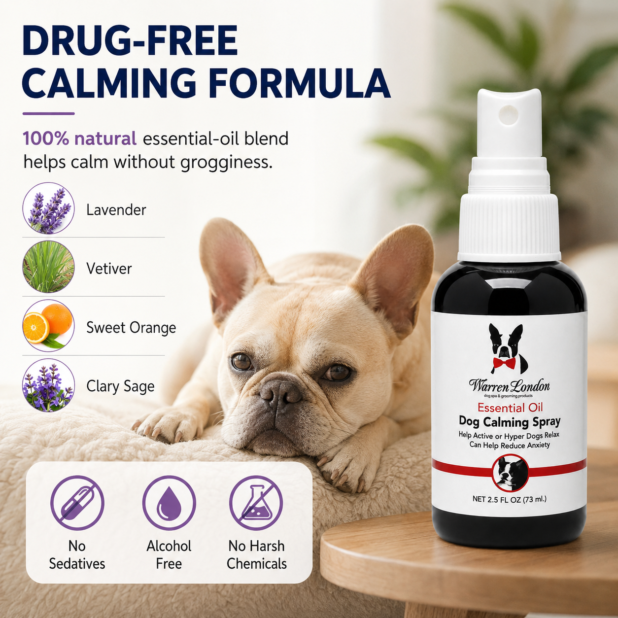 Southlake Paws Essential Oil Dog Calming Spray in a bottle with lavender, vetiver, sweet orange, and sage. Drug-free formula.