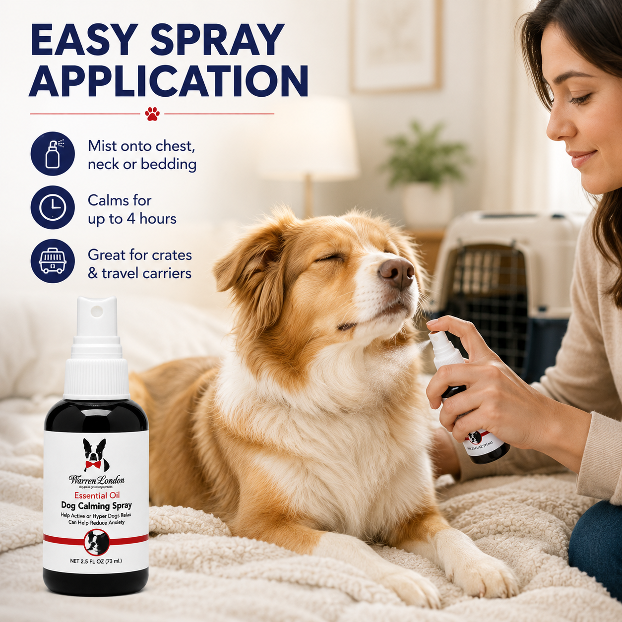 Southlake Paws Essential Oil Dog Calming Spray in a spray bottle, used on a relaxed dog. Text highlights easy application and