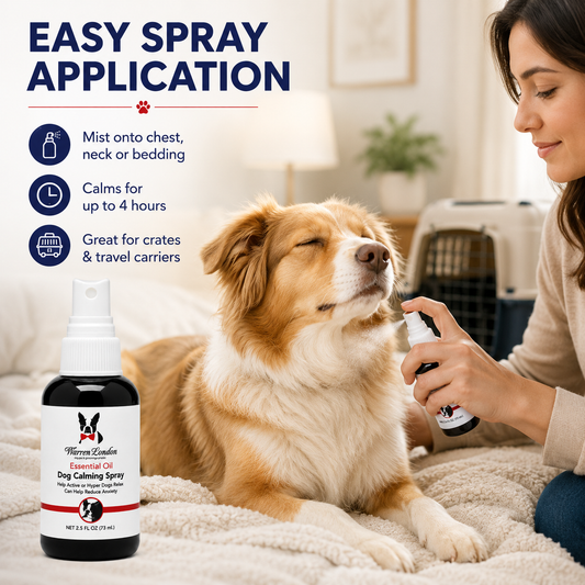 Southlake Paws Essential Oil Dog Calming Spray in a spray bottle, used on a relaxed dog. Text highlights easy application and