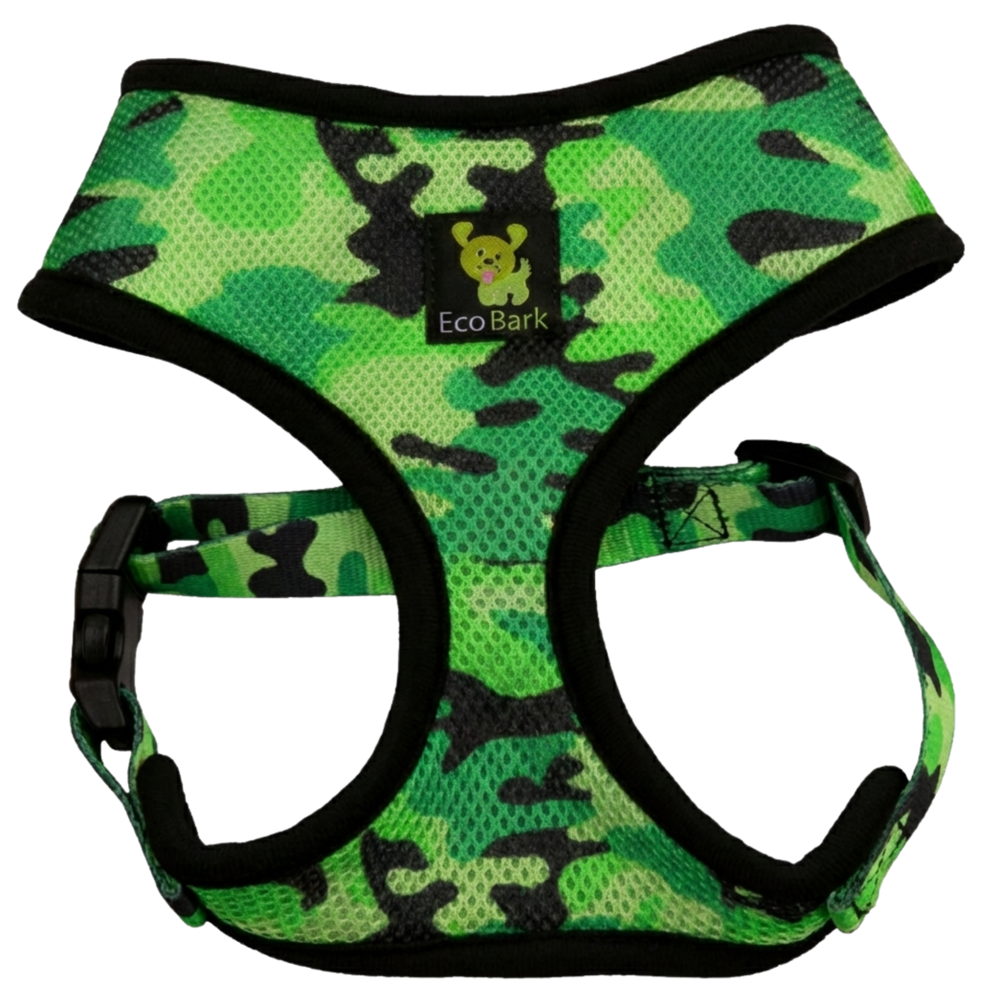 Green camouflage dog harness with 'EcoBark' branding on a white background