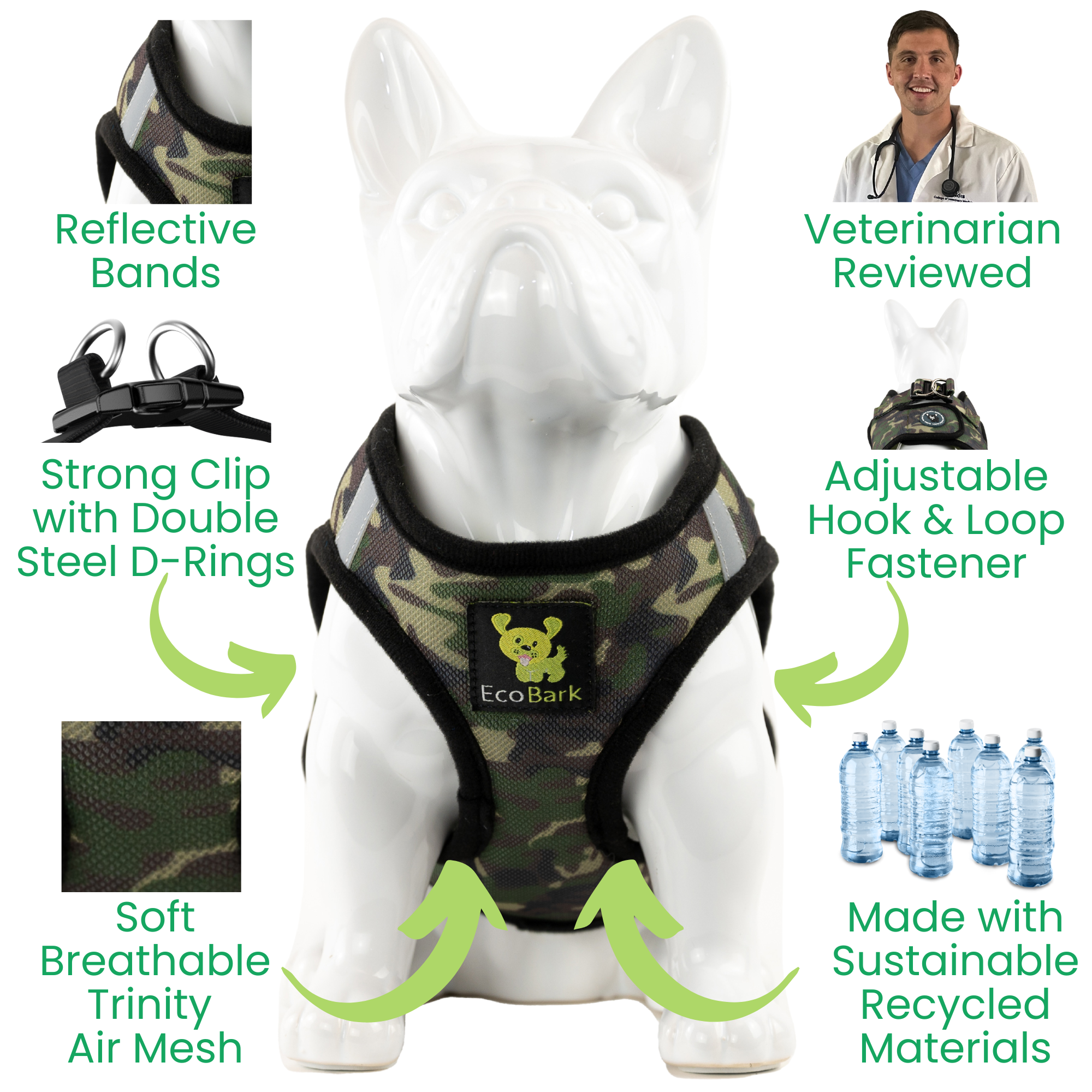 EcoBark Step In Dog Harness - XXXS to Small Breeds- Reflective Soft Mesh Harness for Teacup, Small Dogs and Puppies / Camouflage