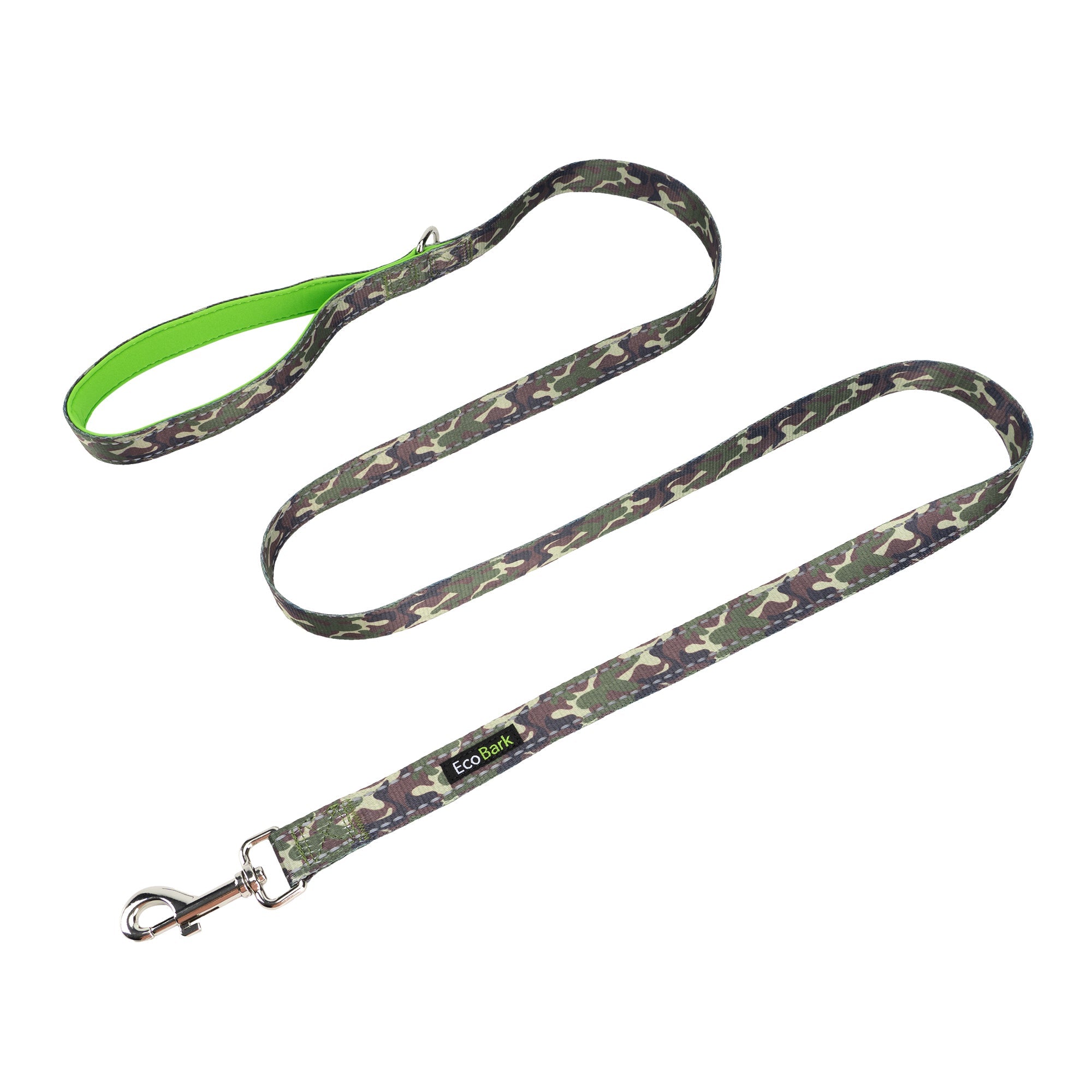 EcoBark Camo Dog Leash by Southlake Paws, featuring a padded comfort grip and camouflage design, available in 4ft, 5ft, and 6
