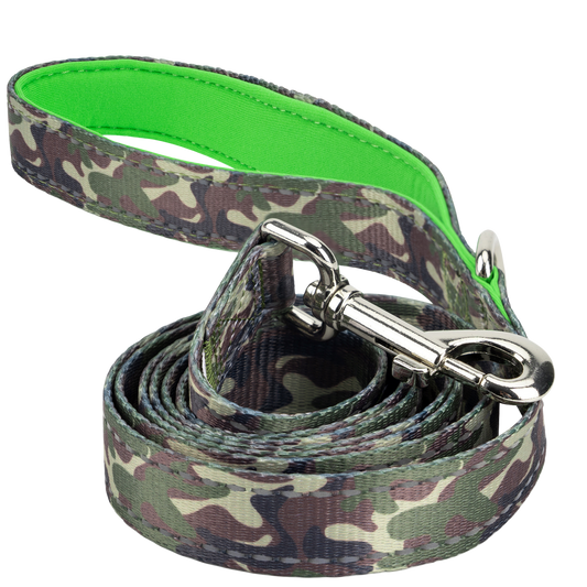 EcoBark Camo Dog Leash by Southlake Paws, featuring a padded comfort grip and camo design, available in 4ft, 5ft, and 6ft len