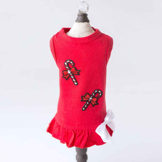 Hello Doggie Candy Cane Dog Satin Cotton Crystal Dress