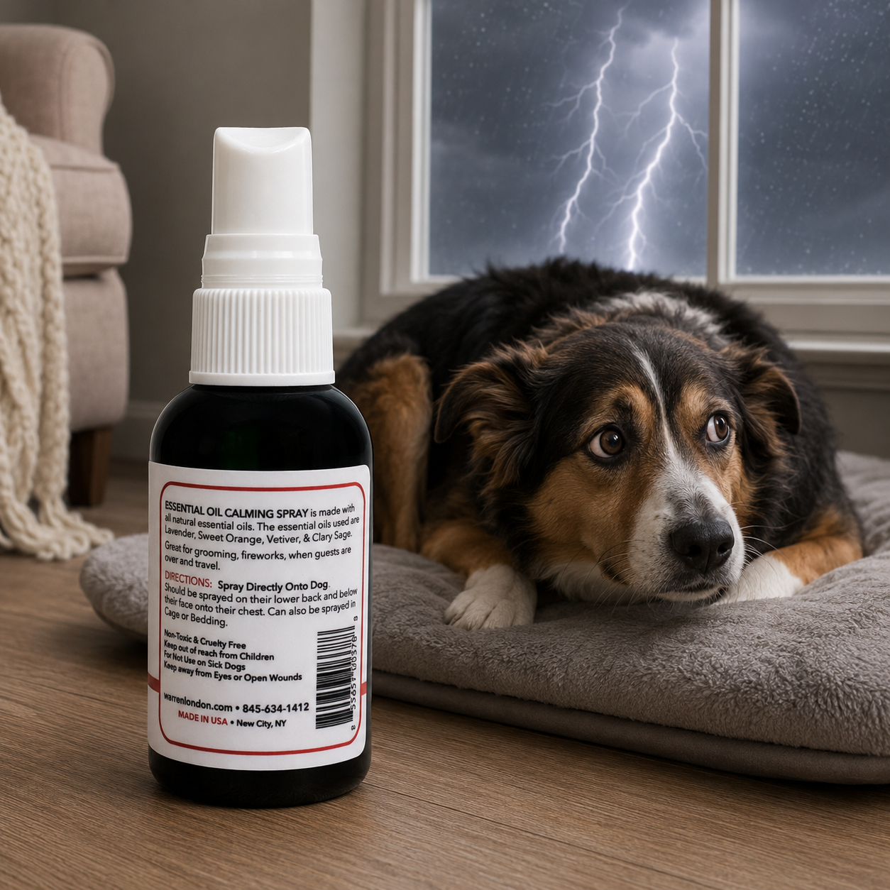 Southlake Paws Essential Oil Dog Calming Spray bottle with a dog lying on a bed, lightning visible through a window.