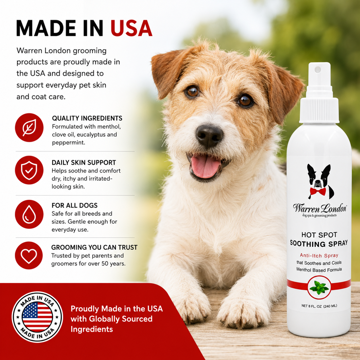 Southlake Paws Hot Spot Soothing Spray bottle next to a happy dog, highlighting anti-itch benefits and quality ingredients.