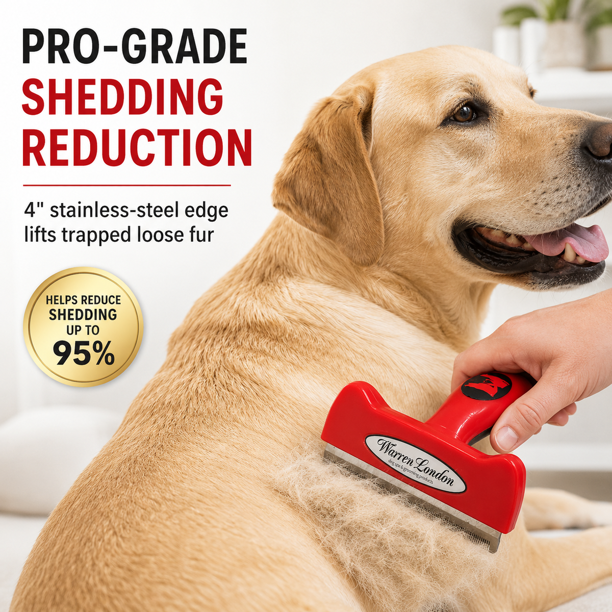 Southlake Paws De-Shedding Dog Brush for Long Hair features a 4" stainless-steel edge, effectively reducing shedding up to 95