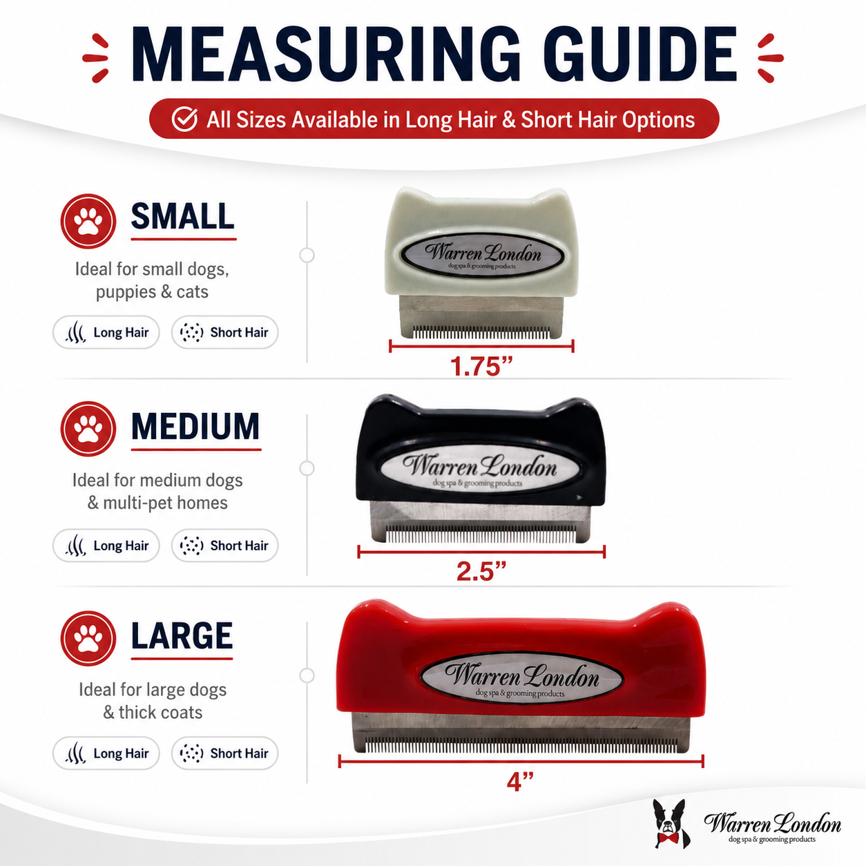 De-Shedding Dog Brush for Short Hair by Southlake Paws, featuring a sleek design and measuring guide for different dog sizes.