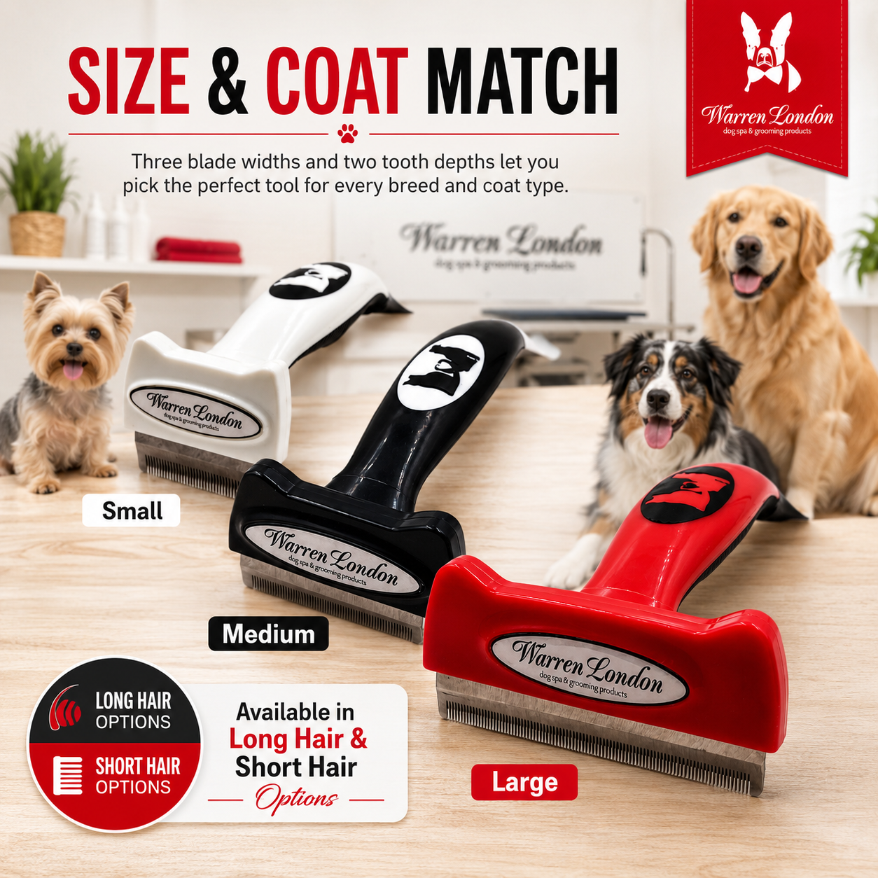 De-Shedding Dog Brush for Short Hair by Southlake Paws, featuring three sizes and ergonomic handles, ideal for various breeds