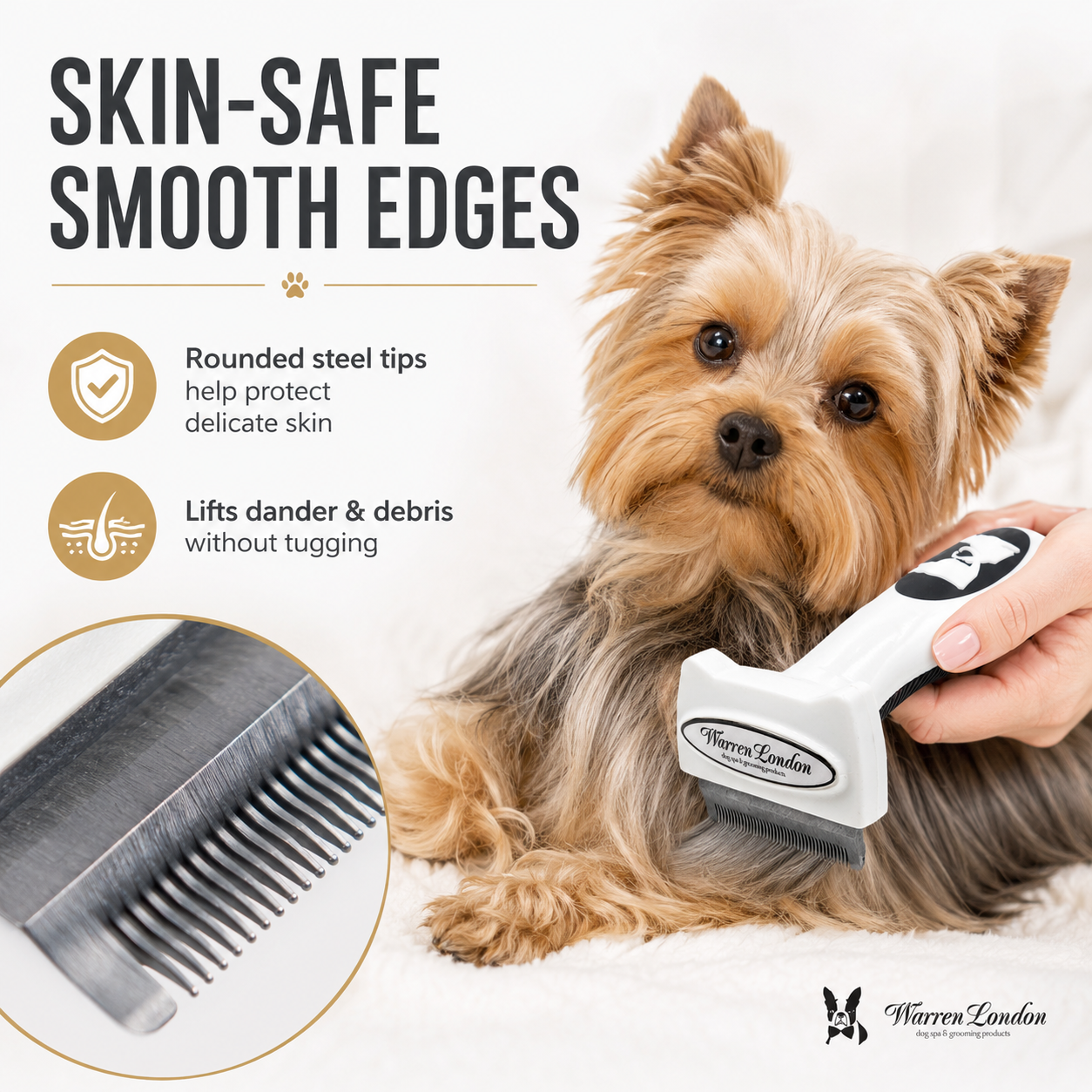 De-Shedding Dog Brush for Short Hair by Southlake Paws, featuring rounded steel tips for gentle grooming on a dog.
