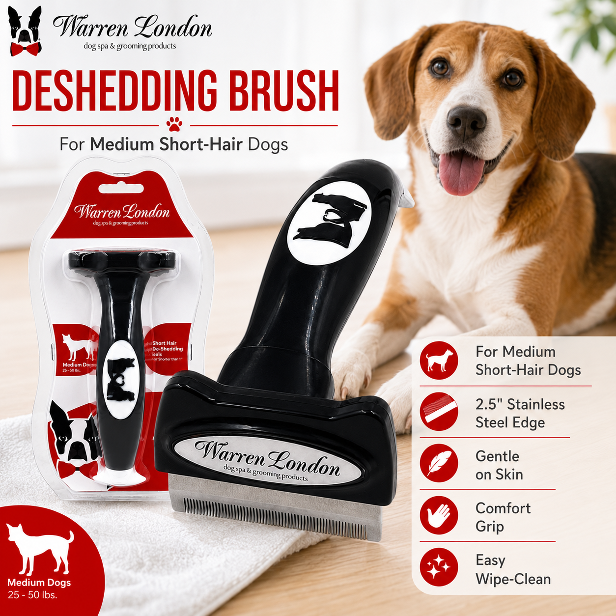 De-Shedding Dog Brush for Short Hair by Southlake Paws, featuring a stainless steel edge and ergonomic grip, with a dog in th