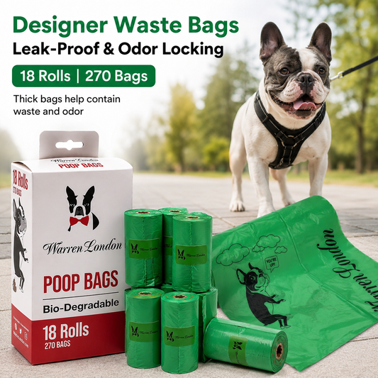 Southlake Paws Poop Bags for Dogs, 18 rolls, 270 biodegradable bags, leak-proof, odor-locking, with a dog and packaging shown