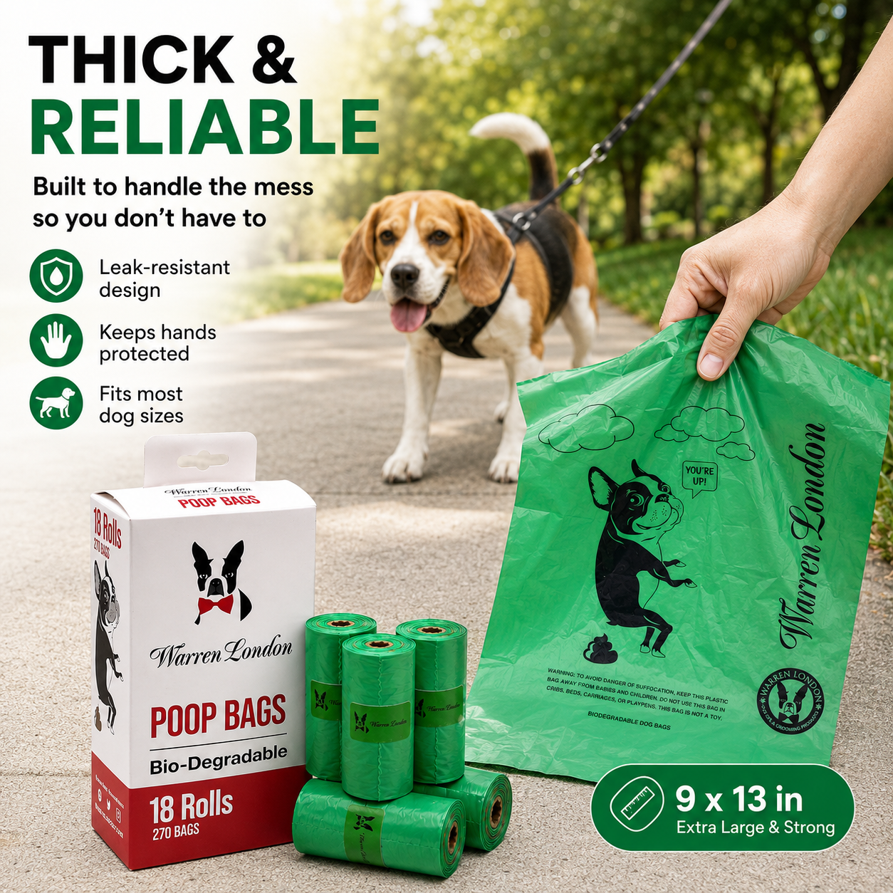 Southlake Paws Poop Bags for Dogs, 18 rolls, biodegradable, leak-resistant, extra large 9 x 13 inches, keeps hands protected.