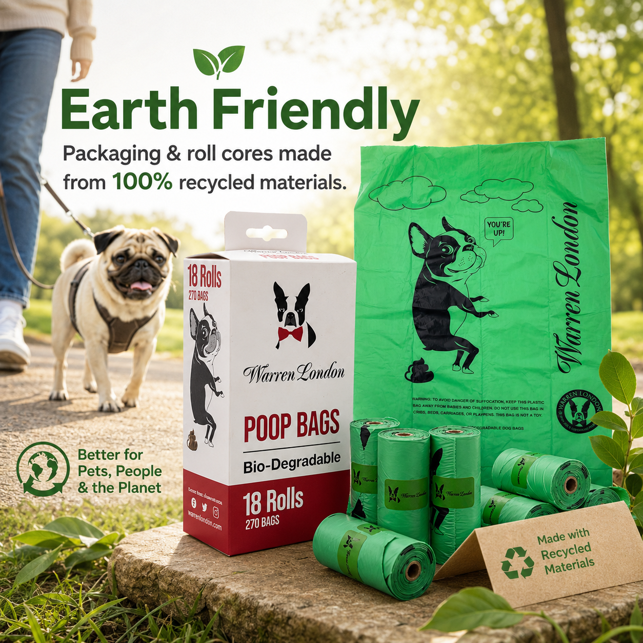 Southlake Paws Poop Bags for Dogs, 18 rolls, biodegradable, eco-friendly packaging made from 100% recycled materials.