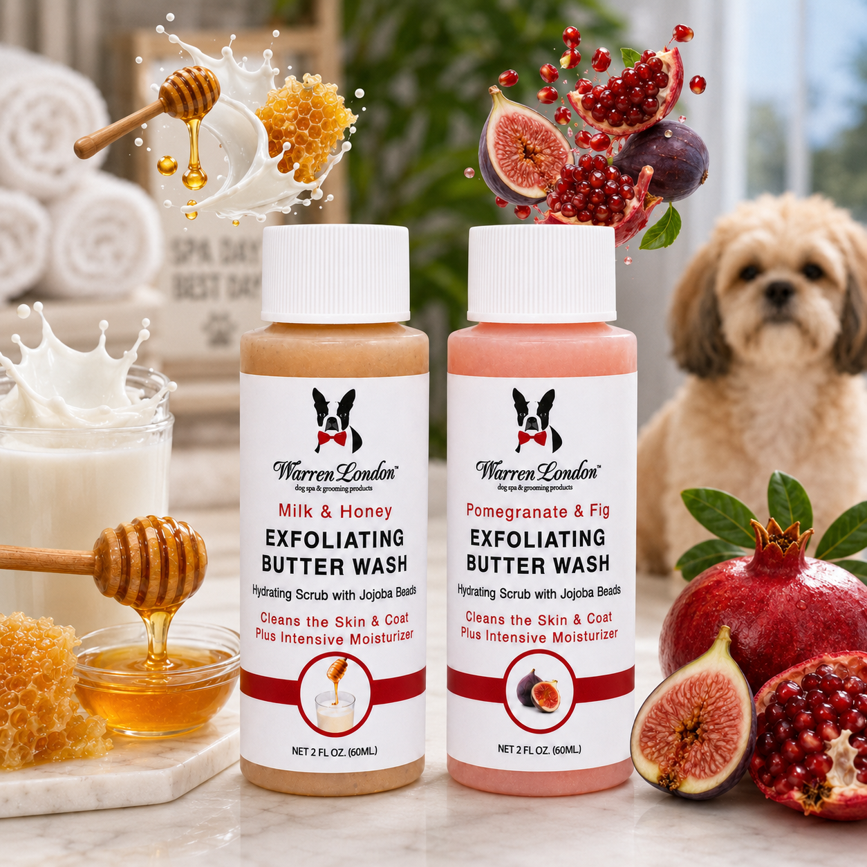Southlake Paws Exfoliating Butter Wash samples in Milk & Honey and Pomegranate & Fig, with honey and figs in a bright setting