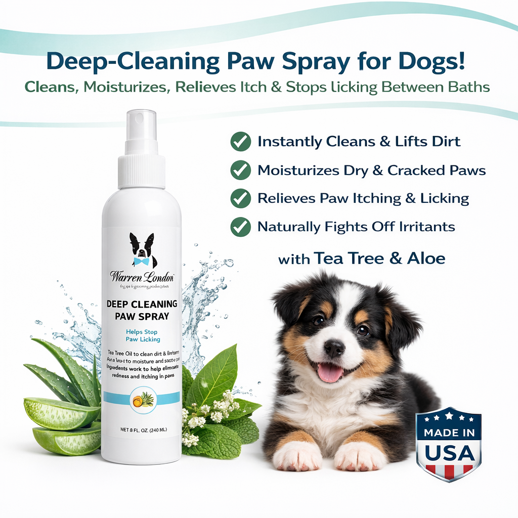 Southlake Paws Deep Cleaning Paw Spray for Dogs in a spray bottle with ingredients like tea tree and aloe, alongside a puppy.