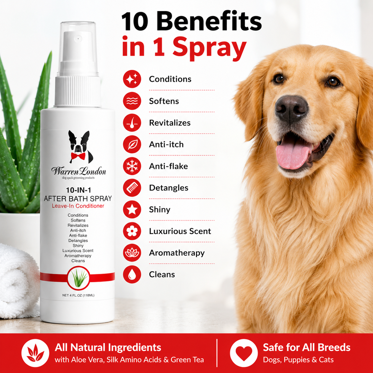 Southlake Paws 10-In-1 After Bath Spray in a professional size bottle, featuring benefits for dogs and puppies with a happy d