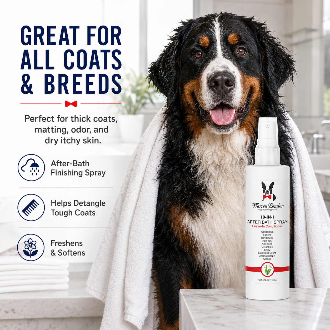 Southlake Paws 10-In-1 After Bath Spray in a professional size, designed for all coats and breeds, shown with a dog.