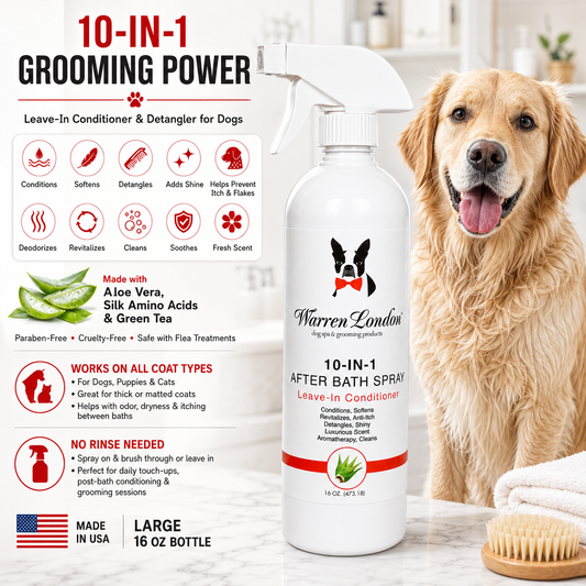 Southlake Paws 10-In-1 After Bath Spray in a professional size bottle, featuring a dog and grooming benefits highlighted.