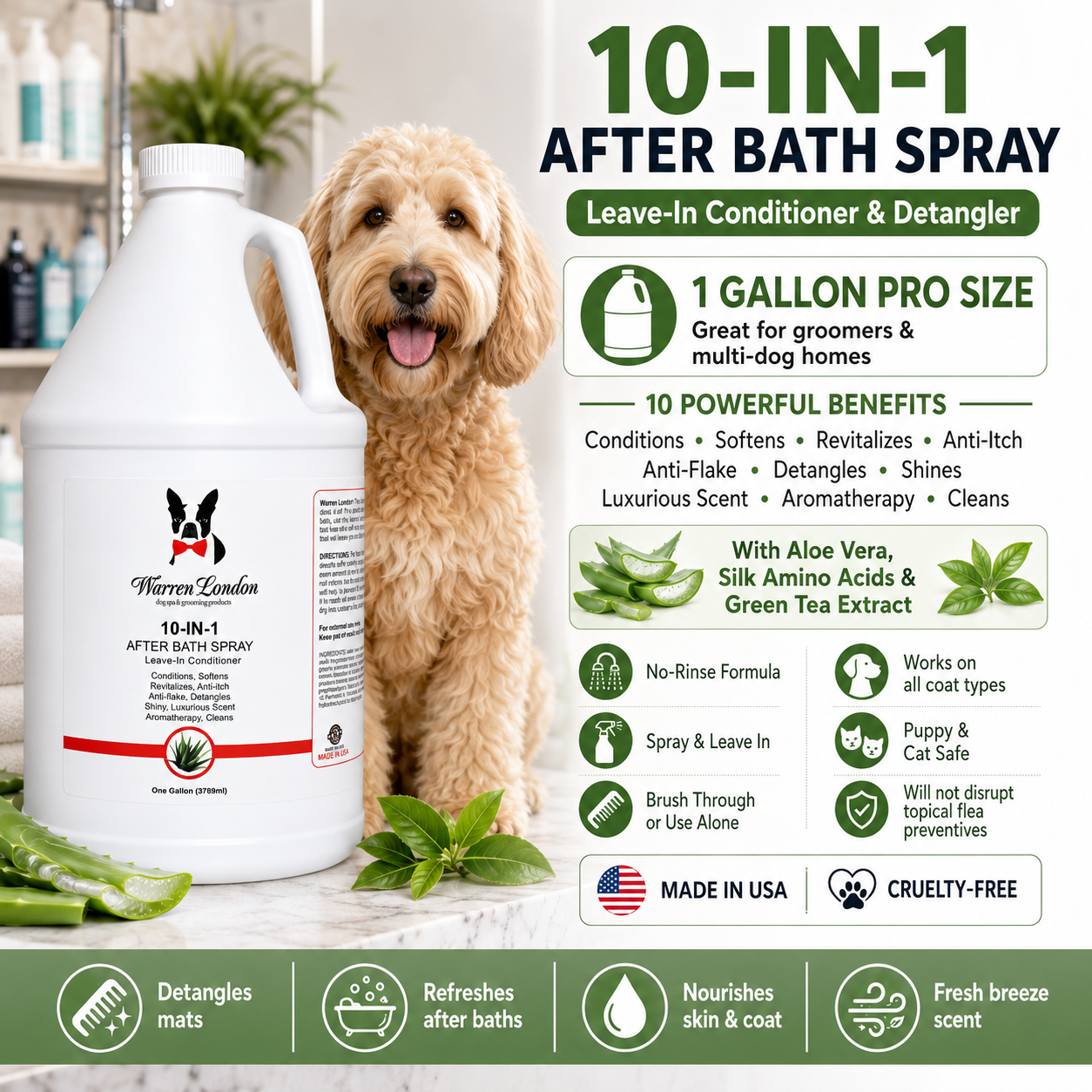 Southlake Paws 10-In-1 After Bath Spray in a 1-gallon container, featuring a dog and plant elements, highlights benefits for 