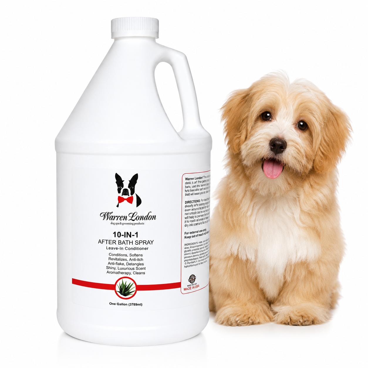 Southlake Paws 10-In-1 After Bath Spray in a one-gallon container next to a cute, fluffy dog. Ideal for pet grooming.
