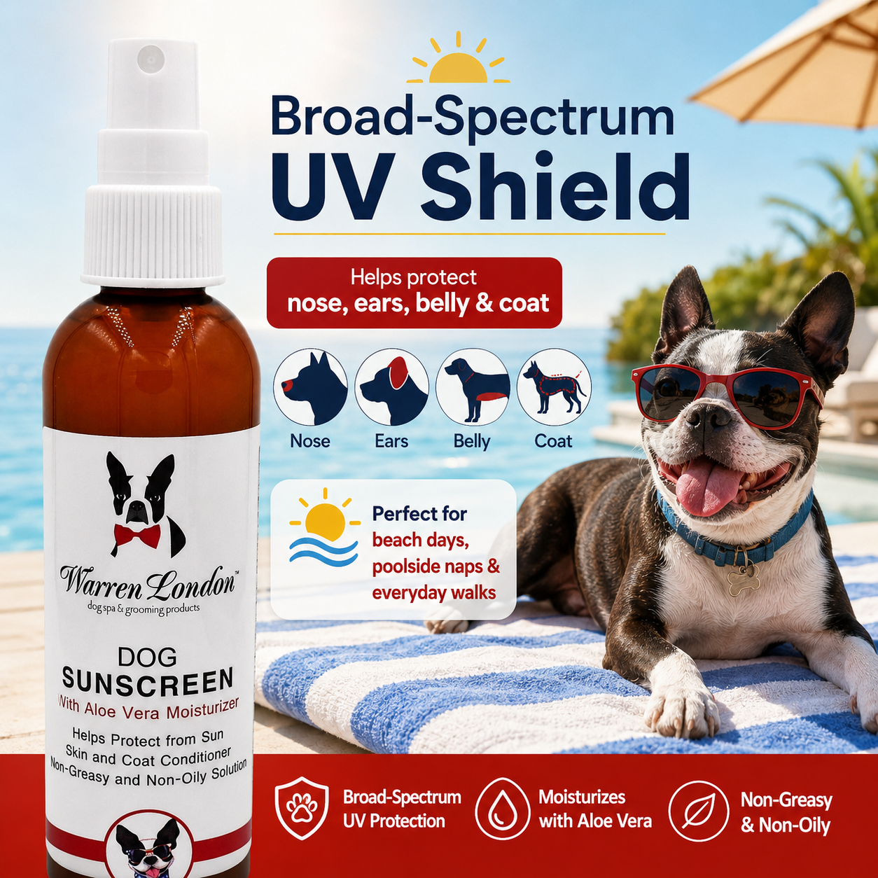 Southlake Paws Dog Sunscreen with Aloe Vera Moisturizer, broad-spectrum UV protection, ideal for outdoor activities.