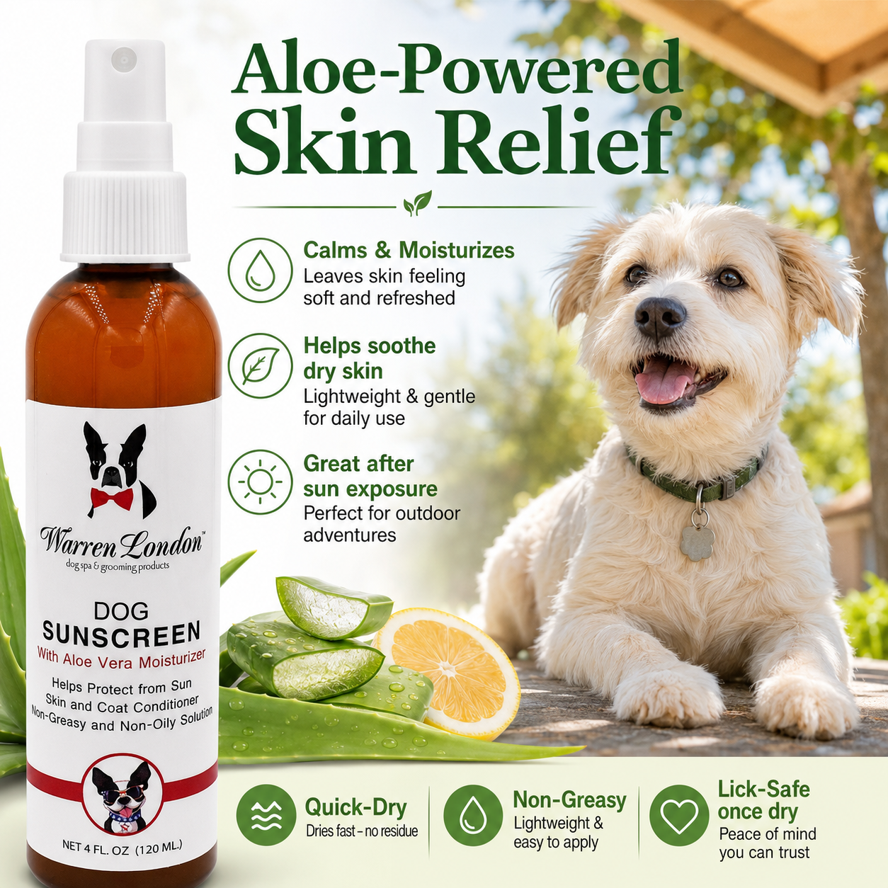 Southlake Paws Dog Sunscreen with Aloe Vera Moisturizer in a spray bottle, featuring a dog and aloe vera in the background.
