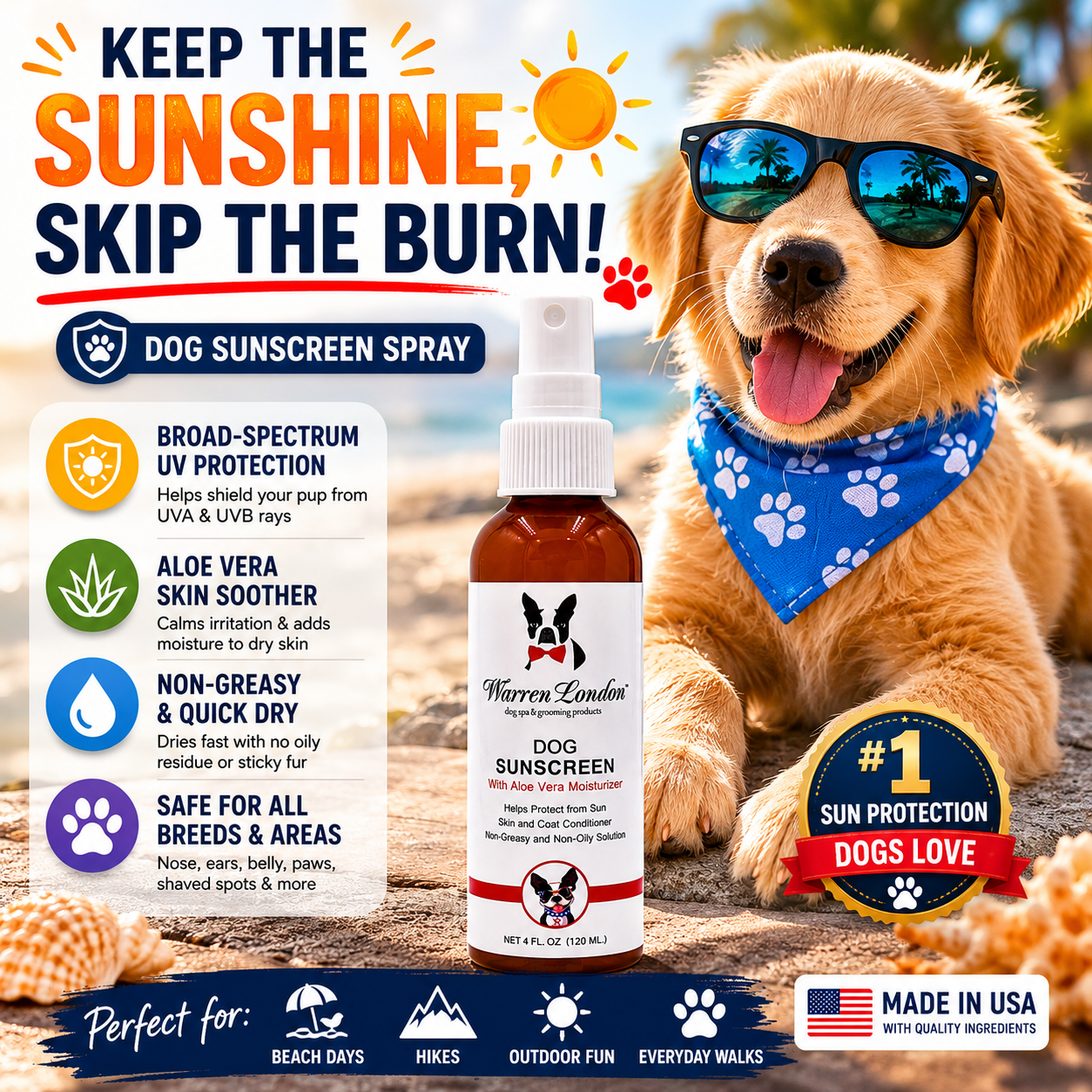 Southlake Paws Dog Sunscreen with Aloe Vera Moisturizer in a spray bottle, featuring sun protection benefits and usage instru
