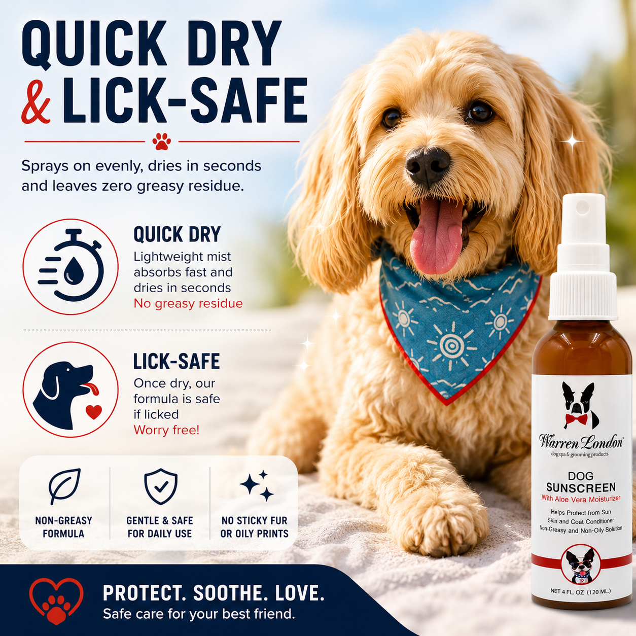 Southlake Paws Dog Sunscreen with Aloe Vera Moisturizer in a spray bottle, featuring a dog with a bandana and sunlit backgrou