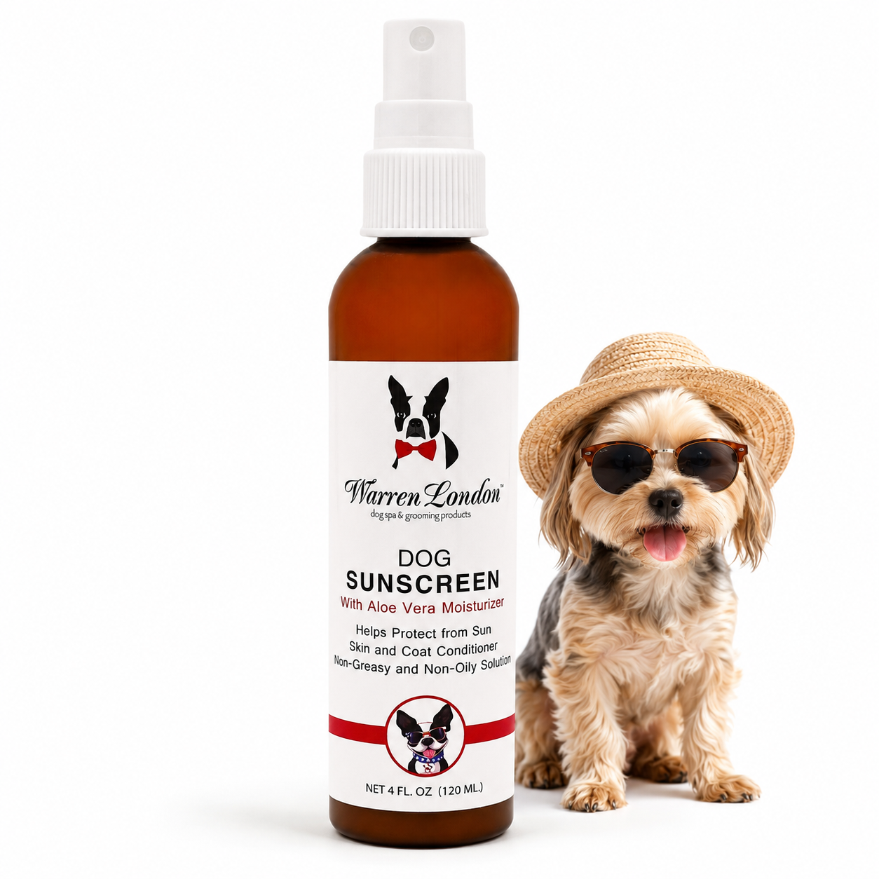Dog Sunscreen with Aloe Vera Moisturizer from Southlake Paws, 4 oz spray bottle, featuring a dog wearing sunglasses and a hat