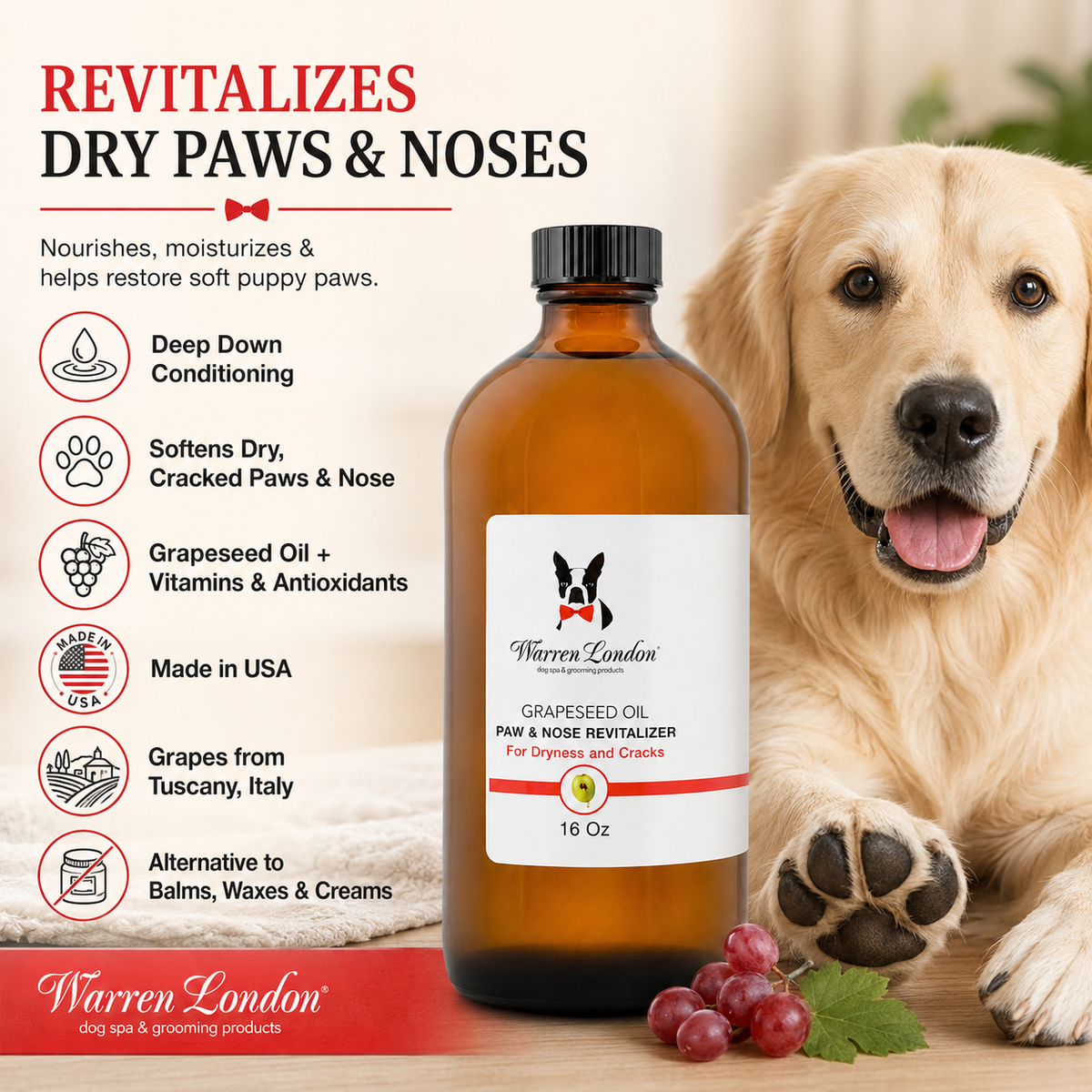Southlake Paws Grapeseed Oil Paw and Nose Revitalizer in a 16 oz bottle, designed for nourishing dry paws and noses.