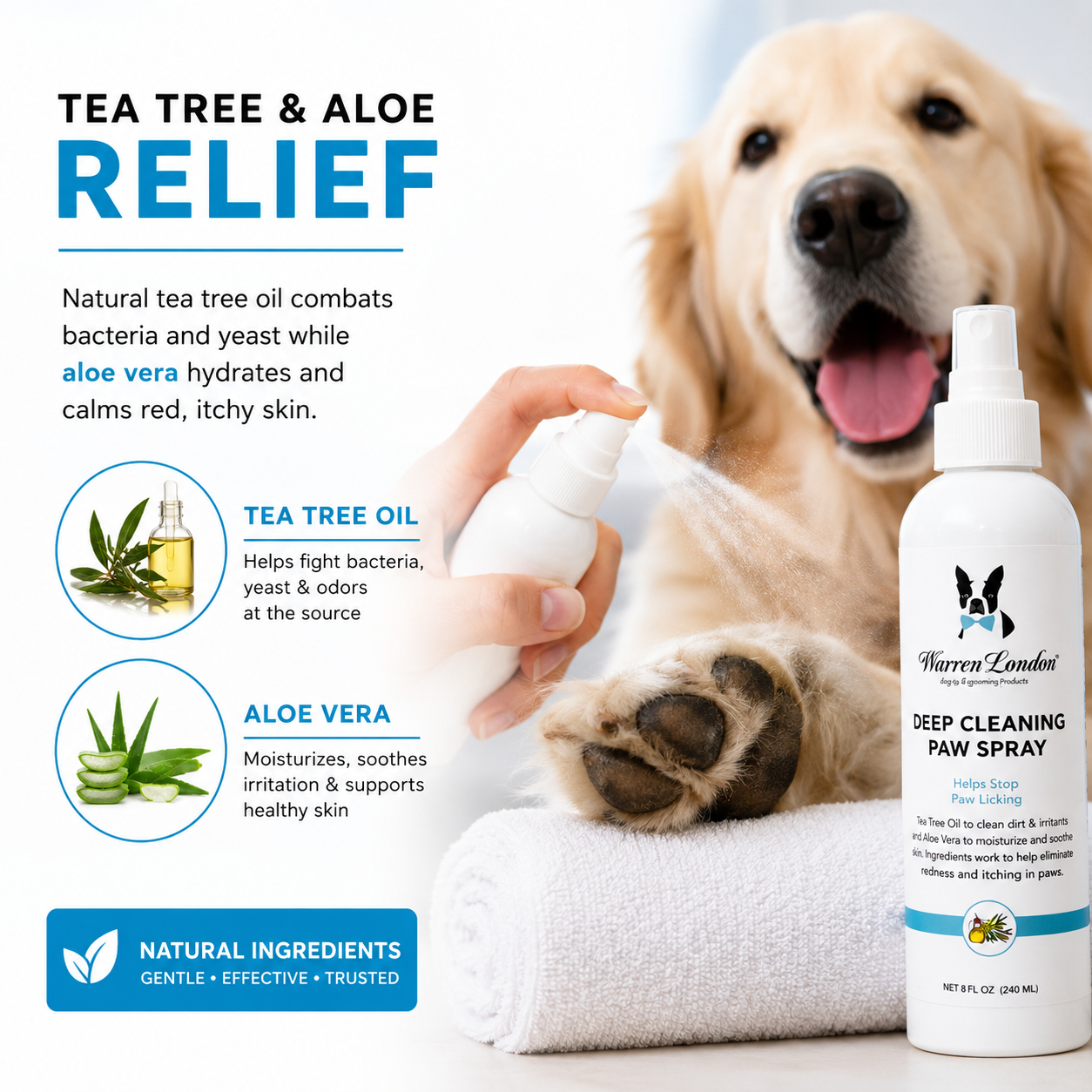 Southlake Paws Deep Cleaning Paw Spray for Dogs, featuring tea tree oil and aloe vera for soothing and moisturizing.