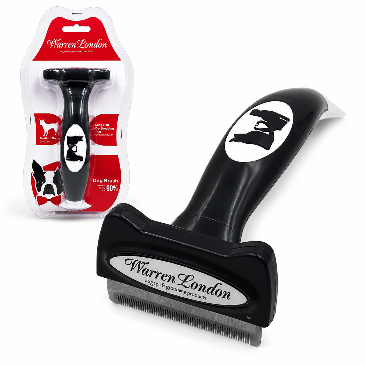 De-Shedding Dog Brush for Long Hair by Southlake Paws, featuring a black ergonomic handle and metal bristles for effective gr