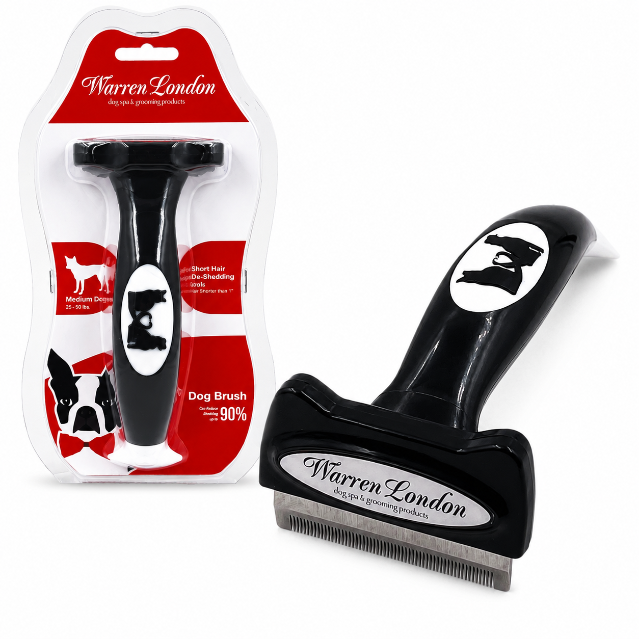 De-Shedding Dog Brush for Short Hair by Southlake Paws, featuring a black handle and stainless steel comb, packaged attractiv