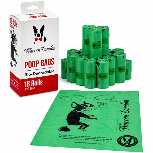 Southlake Paws biodegradable poop bags for dogs, featuring 18 rolls of green bags with a playful dog design.