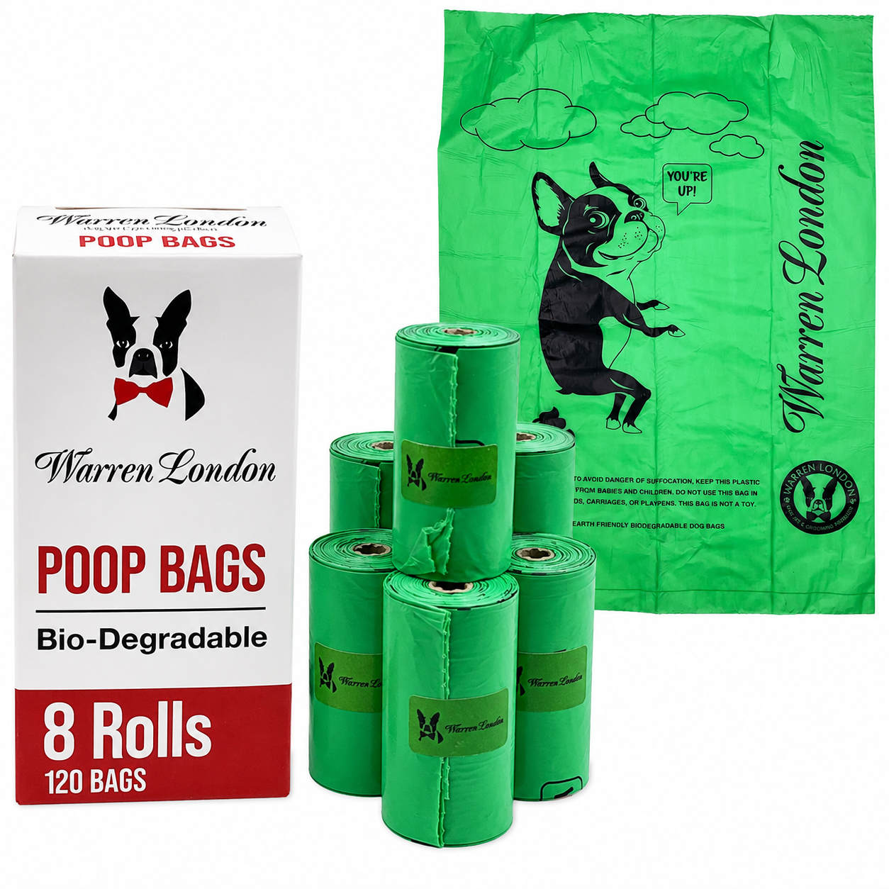 Southlake Paws biodegradable poop bags for dogs, featuring 8 rolls with 120 bags total, in bright green packaging.